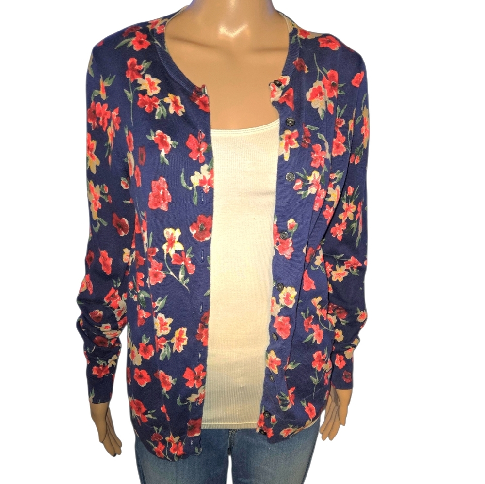 Navy Floral Button-Front Cardigan